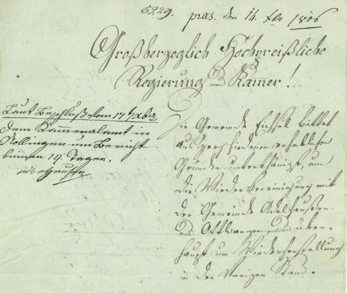 Antrag der Gemeinde Eichsel auf Wiedervereinigung mit Adelhausen, Ottwangen und Rapperswyher von 1806 